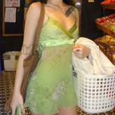 Hnewly Y2K Floral Print Mini Dresses Sexy V-Neck Patchwork Clubwear E Girl Clothes Party Harajuku